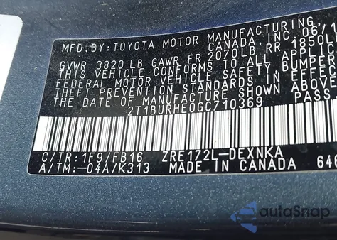 2016 Toyota Corolla Le from USA, damaged, VIN 2T1BURHE0GC710369